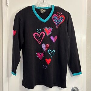 Bob‎ Mackie Vintage Embroidered Heart Sweater Black Long Sleeve Size Large